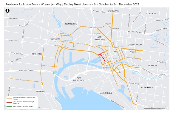 Map showing Wurundjeri Way and Dudley Street being closed to traffic from Friday 6th October until Saturday 2nd December to allow the West Gate Tunnel Project to commence construction of a brand-new bridge and elevated roadway. 