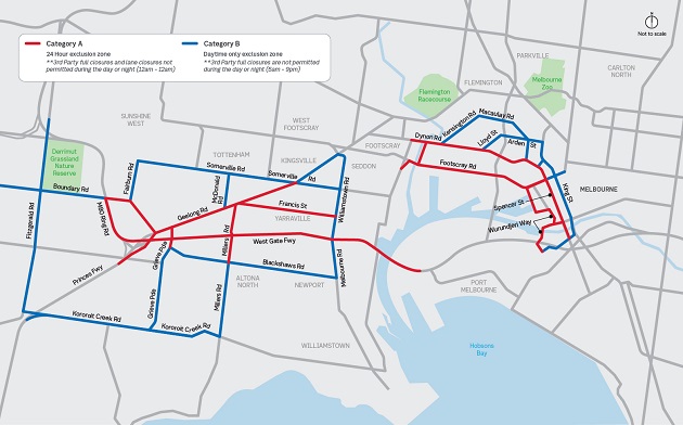 Map showing Wurundjeri Way and Footscray Road closure from 15 January 2024 to 4 March 2024