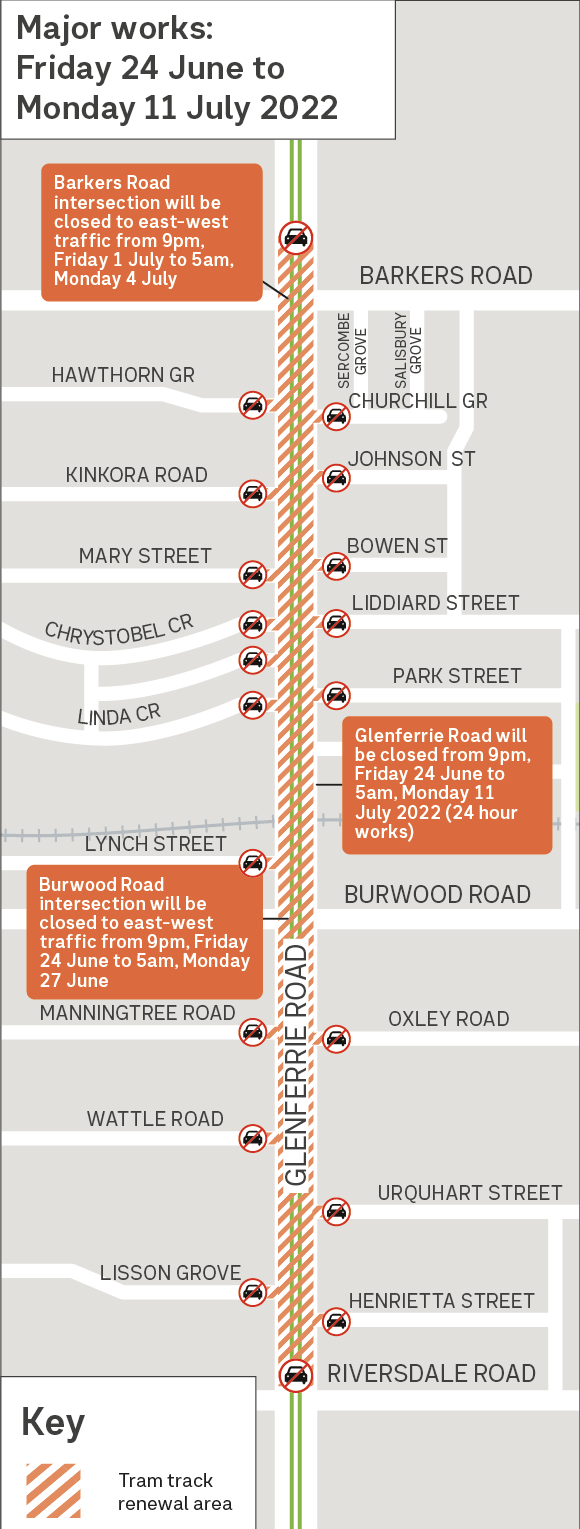 Glenferrie Road major works map 24 June to 11 July