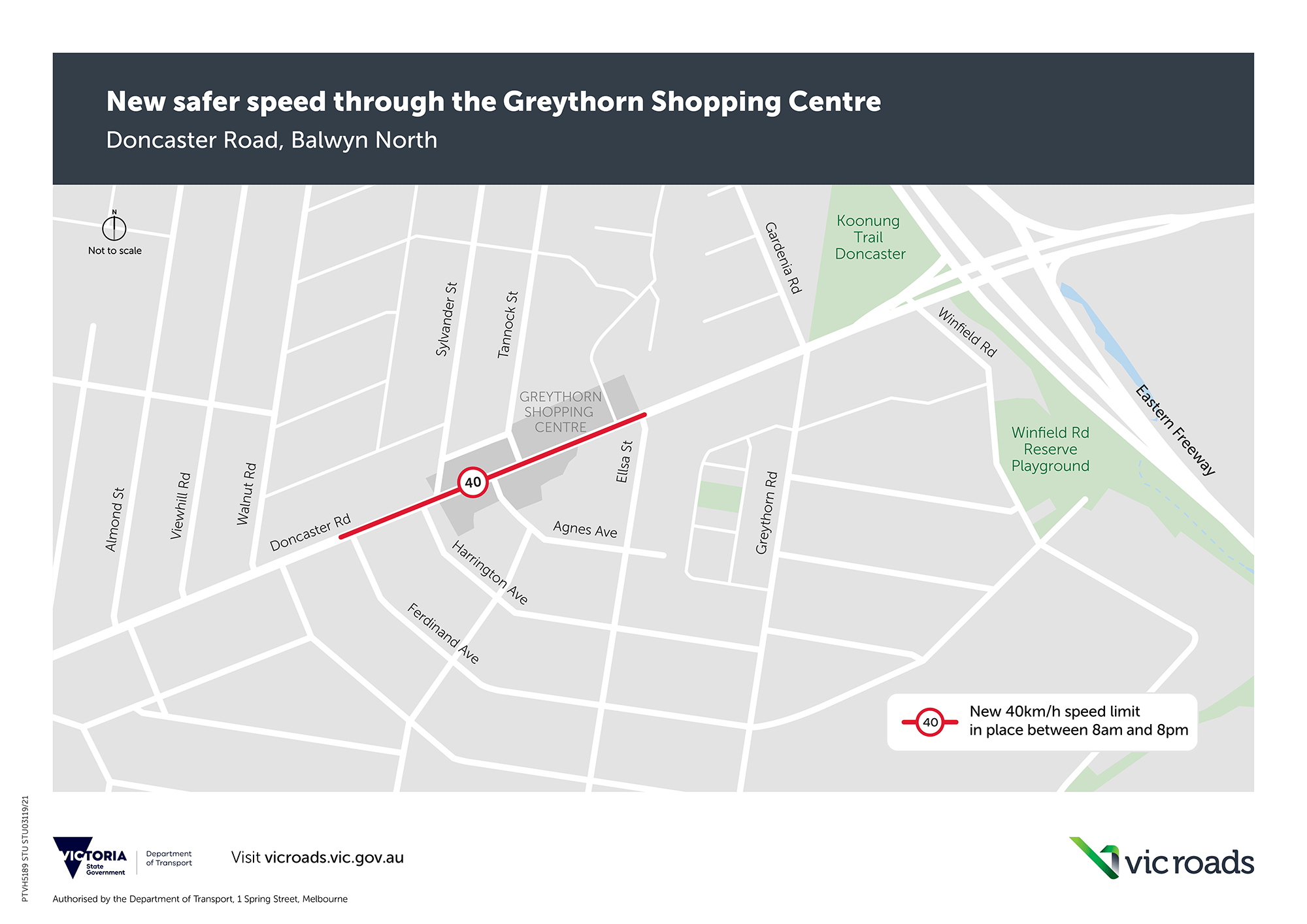 Map showing 40km/h speed limit highlighted in red through Greythorn Shopping Centre