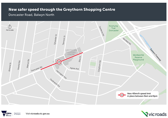 Map showing 40km/h speed limit highlighted in red through Greythorn Shopping Centre