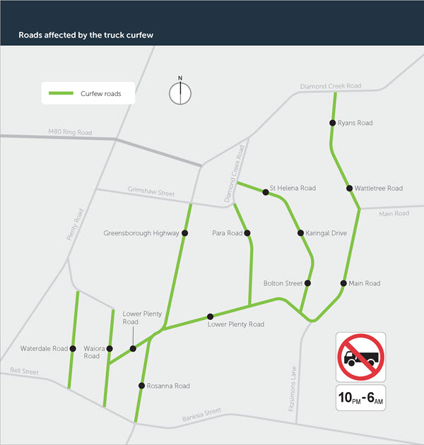 Map showing road affected by the North East Truck night curfews (small)