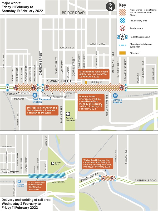 Map showing construction works and road closures along Swan Street and Wallen Road Bridge