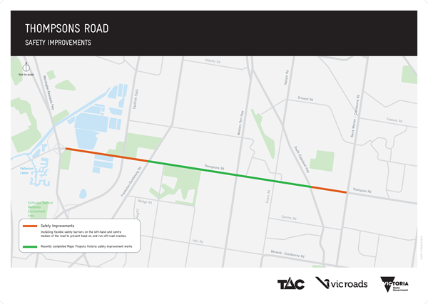 Smaller map showing Thompson Rd 80km Safety Barriers