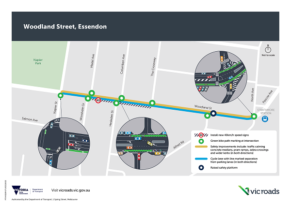 Woodland Street Essendon from Napier St to Pascoe Vale Road Map