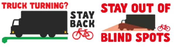 : Image including words Truck turning? Stay back. Stay out of blind spots.