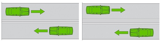 Image of vehicles travelling in opposite directions against double continuous white lines