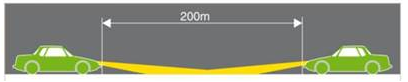 Green cars facing each other with a two way arrow and 200 metres written inside the arrow. A yellow light beam is coming out of each cars headlights.