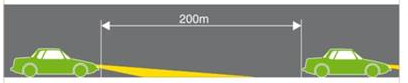 Green cars facing the same way, with one behind the other with a two way arrow and 200 metres written inside the arrow. A yellow light beam is coming out of each cars headlights.