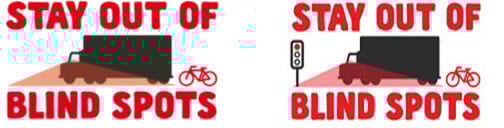 Image of a truck facing traffic lights with the words Stay out of blind spots