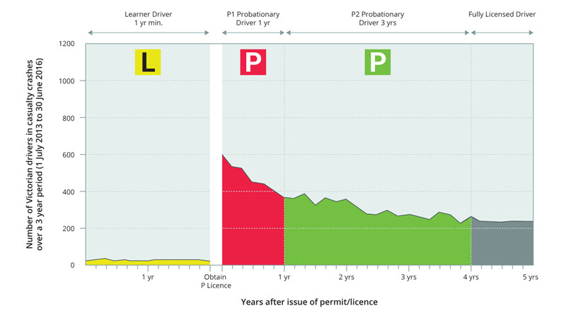 Graph showing  driver casualties for learner drivers and probationary drivers and the first year as a fully licensed driver.