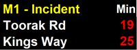 image showing warning advisory sign displaying incidents and drive time to exits