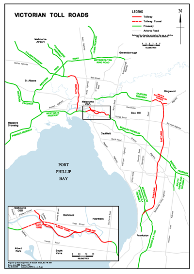 Victorian Tolls Roads map showing CityLink and EastLink toll roads