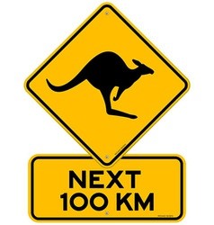 image alerting drivers to be on look out for kangaros in the next 100 km