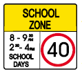 sign telling drivers are entering a school zone and what reduced times are required between certain times