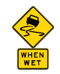 road sign alerting drivers to be careful during wet weather