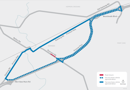 Detour map of Duncans Road between College Road and Froggitts Lane heavy vehicle detour