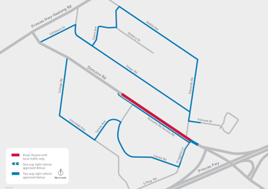 Map of light vehicle detours Duncans Road between College Road and Froggitts Lane