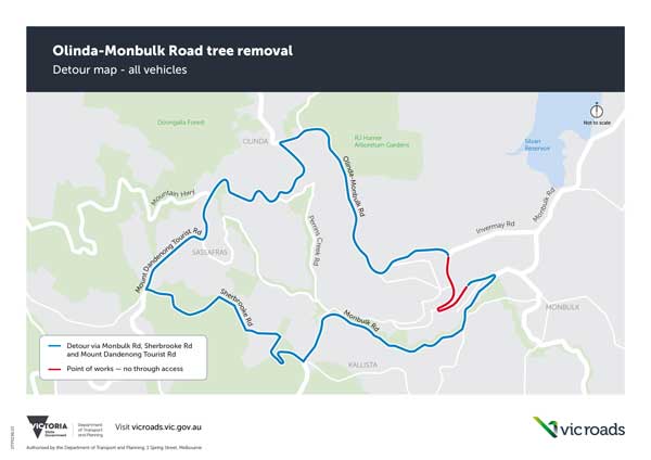 Olinda-Monbulk road tree removal maintenance works detour map