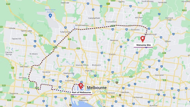 Image of a map detailing route of the Superload from the Port of Melbourne to Watsonia