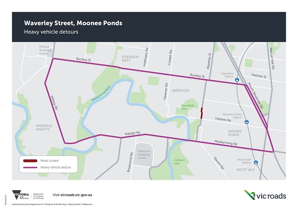 Waverley Street Moonee Ponds works detour map for heavy vehicles