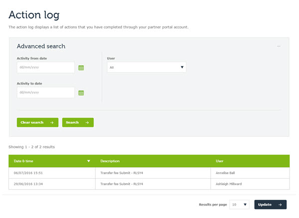 image of Action Log advanced search