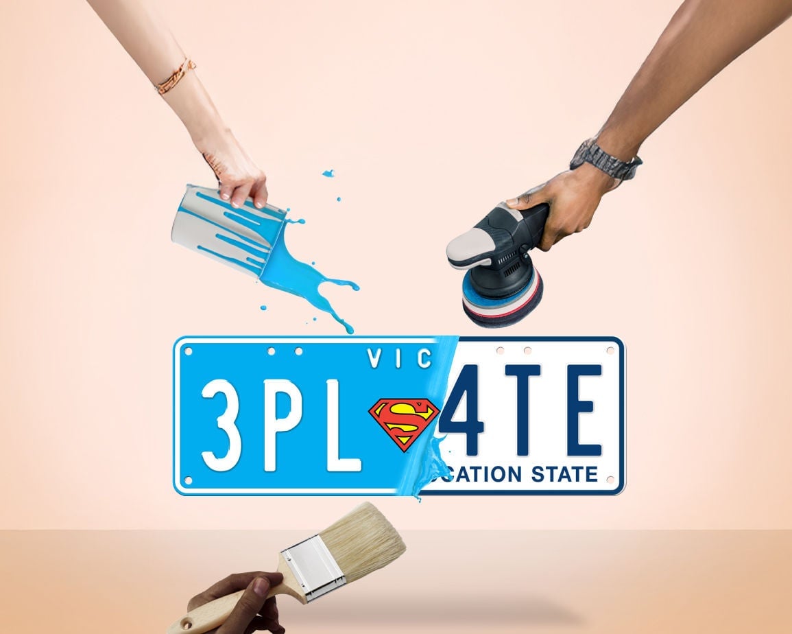 Image of a blue and white custom number plate with the text '3PL 4TE' and a Superman logo. Find out how you can restyle your custom plate.