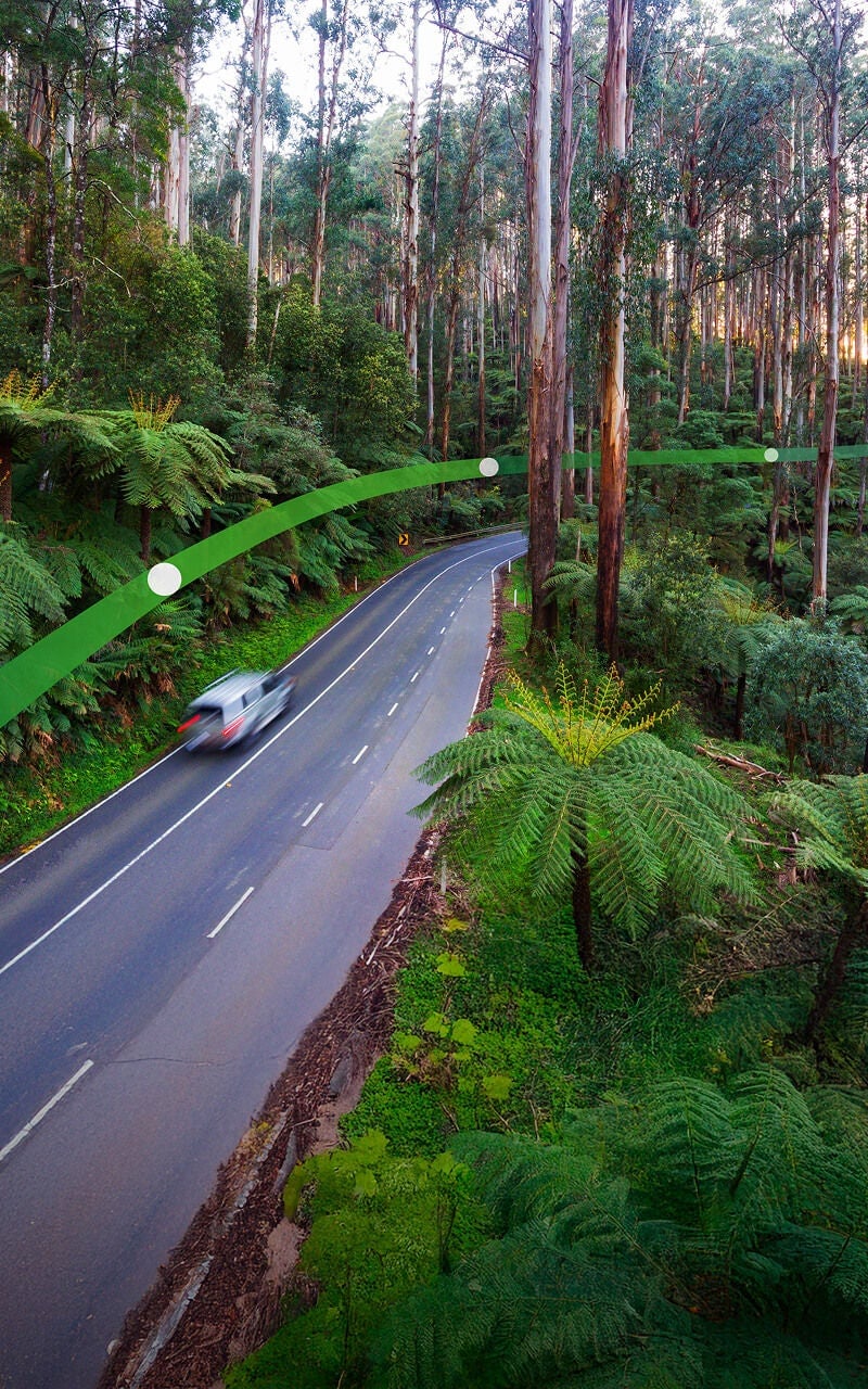 A white car drives through Victoria's Black Spur forest in the Yarra Ranges. The text 'Innovating to keep you moving' is displayed.