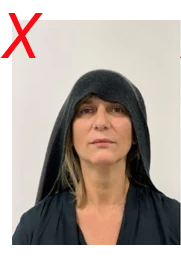 Unsuitable head covering licence photo: covering is sitting across the eyebrows, covering the hairline