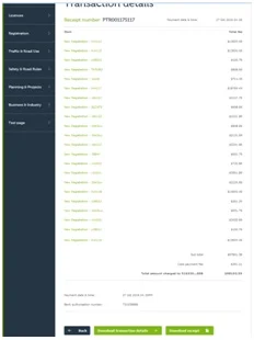 View detailed transaction receipt from the VicRoads partner portal, including payment date, receipt number, and itemised charges for tax registration.