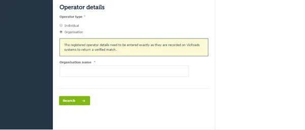 Example image showing the operator type selection for organisations in the VicRoads portal.