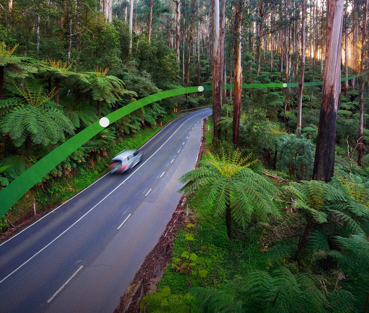 A white car drives through Victoria's Black Spur forest in the Yarra Ranges. The text 'Innovating to keep you moving' is displayed.