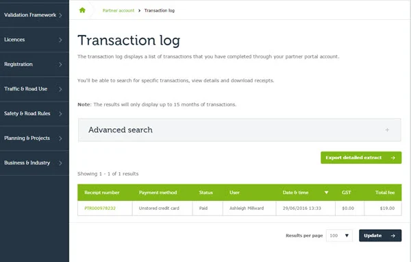 Review completed transactions in the VicRoads partner portal. Use advanced search and export options to manage payment records and receipts.