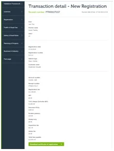 View detailed new registration transaction information in the VicRoads partner portal, including plate number, owner details, and vehicle VIN.