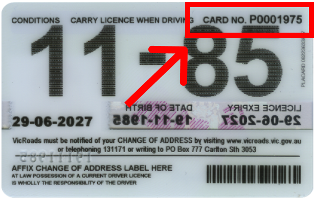 Victorian driver licence with card number highlighted