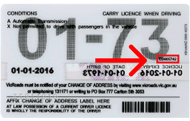 Victorian driver licence with card number highlighted