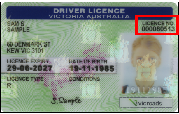 Australian driver licence with number highlighted