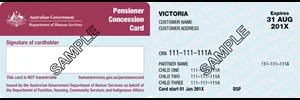 Australian Government Pensioner Concession Card (PCC) sample, showing the card design used for registration discounts in Victoria. Displaying holder details, expiration date, and instructions from the Department of Human Services.